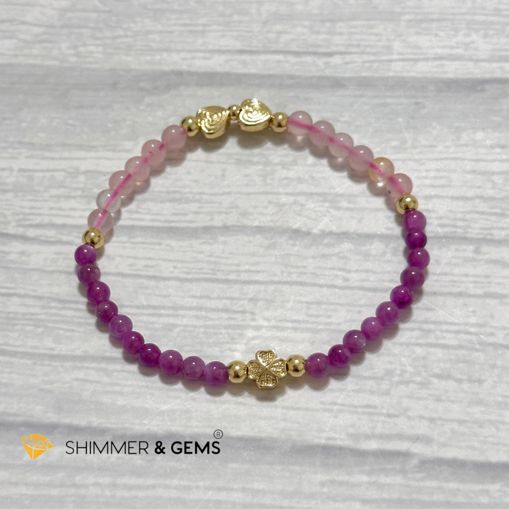 Enchanting Love Remedy Bracelet (Ruby, Rose Quartz 4mm with Clover & Twin Hearts 14k gold plated copper charms)