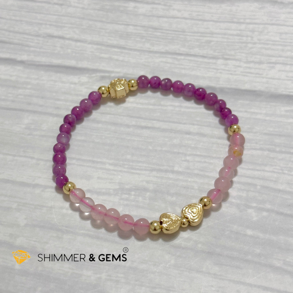 Enchanting Love Remedy Bracelet (Ruby, Rose Quartz 4mm with Clover & Twin Hearts 14k gold plated copper charms)