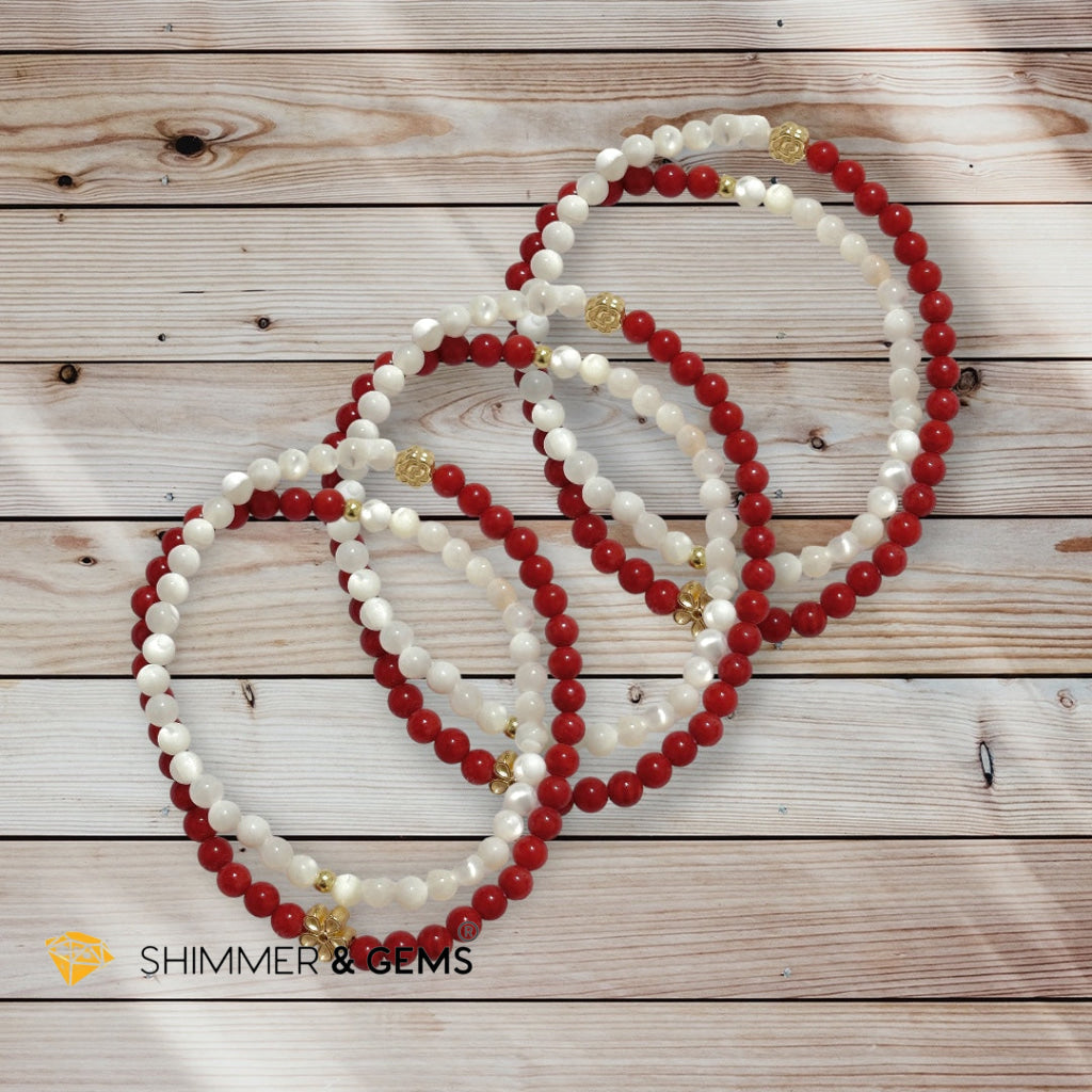 Energy Balance Infinity Bracelet (Red Coral (dyed) & Mother of Pearl 4mm with 14k gold plated copper charms)