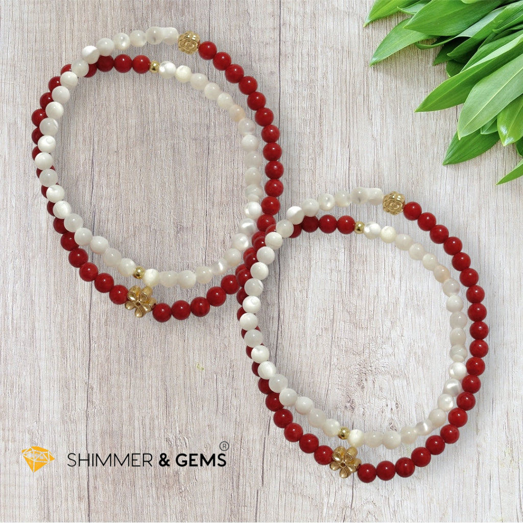 Energy Balance Infinity Bracelet (Red Coral (dyed) & Mother of Pearl 4mm with 14k gold plated copper charms)