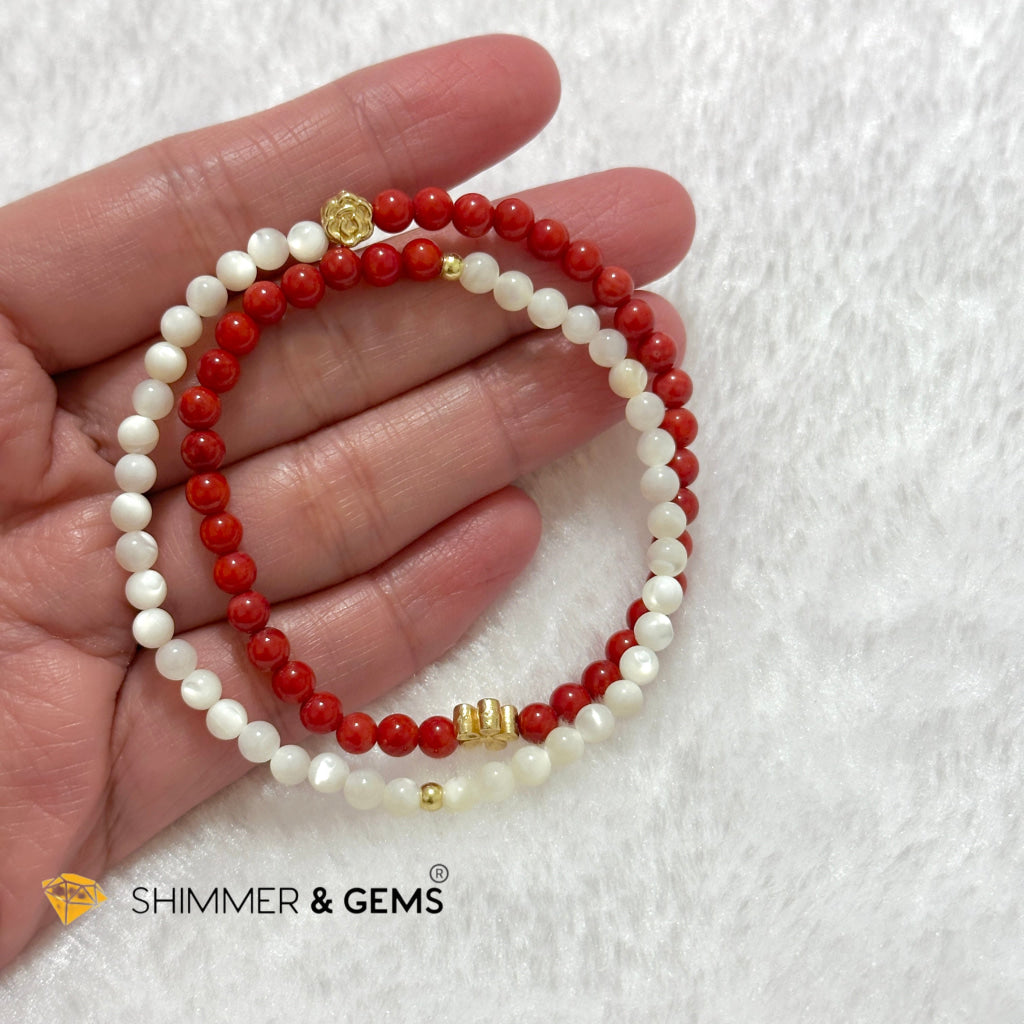 Energy Balance Infinity Bracelet (Red Coral (dyed) & Mother of Pearl 4mm with 14k gold plated copper charms)
