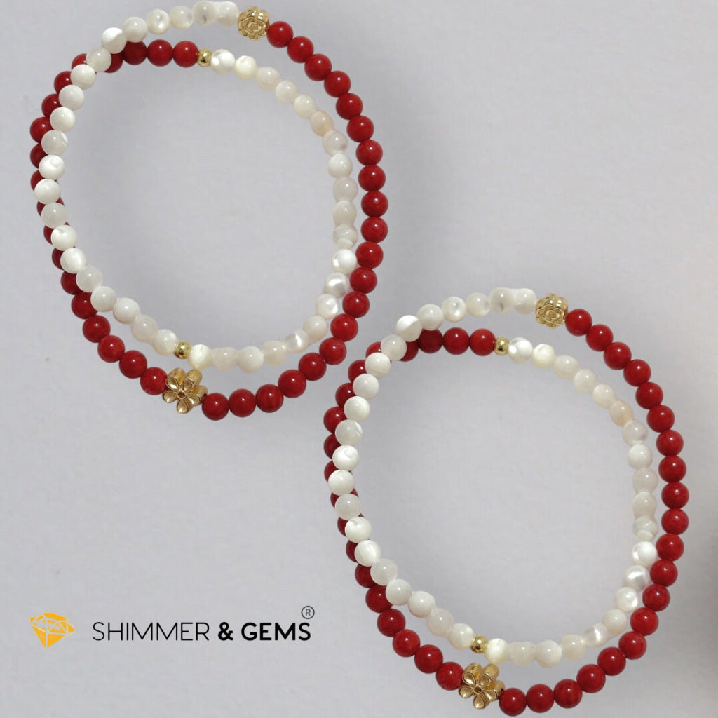 Energy Balance Infinity Bracelet (Red Coral (dyed) & Mother of Pearl 4mm with 14k gold plated copper charms)