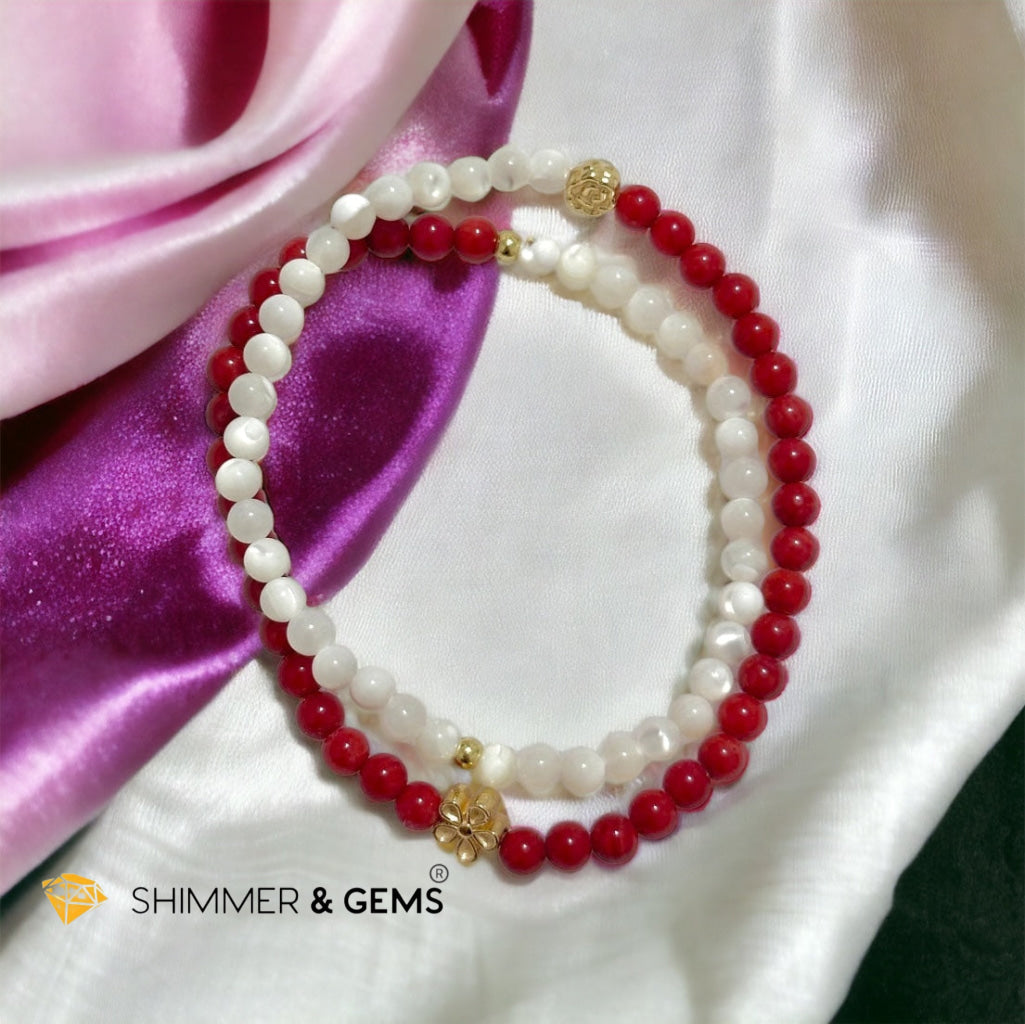 Energy Balance Infinity Bracelet (Red Coral (dyed) & Mother of Pearl 4mm with 14k gold plated copper charms)