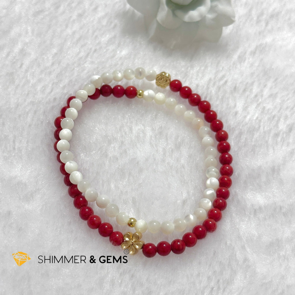 Energy Balance Infinity Bracelet (Red Coral (dyed) & Mother of Pearl 4mm with 14k gold plated copper charms)