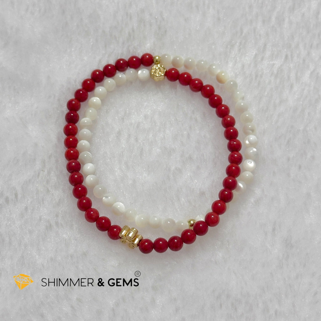 Energy Balance Infinity Bracelet (Red Coral (dyed) & Mother of Pearl 4mm with 14k gold plated copper charms)