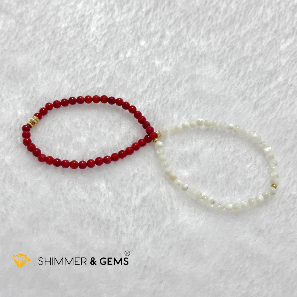 Energy Balance Infinity Bracelet (Red Coral (dyed) & Mother of Pearl 4mm with 14k gold plated copper charms)