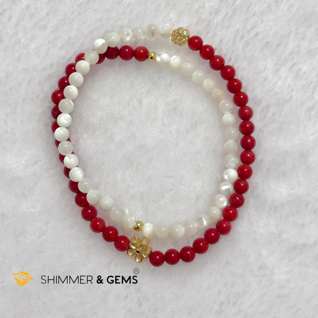 Energy Balance Infinity Bracelet (Red Coral (dyed) & Mother of Pearl 4mm with 14k gold plated copper charms)