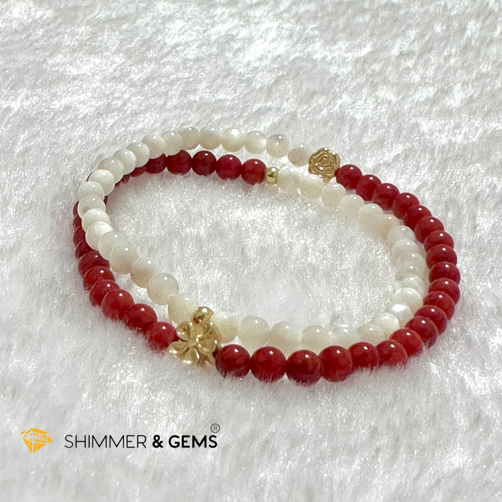 Energy Balance Infinity Bracelet (Red Coral (dyed) & Mother of Pearl 4mm with 14k gold plated copper charms)