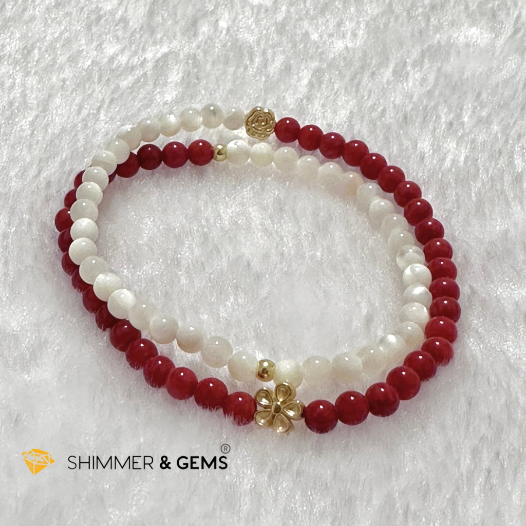 Energy Balance Infinity Bracelet (Red Coral (dyed) & Mother of Pearl 4mm with 14k gold plated copper charms)
