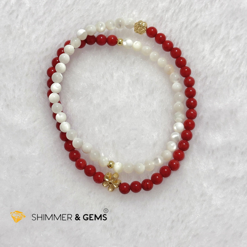 Energy Balance Infinity Bracelet (Red Coral (dyed) & Mother of Pearl 4mm with 14k gold plated copper charms)