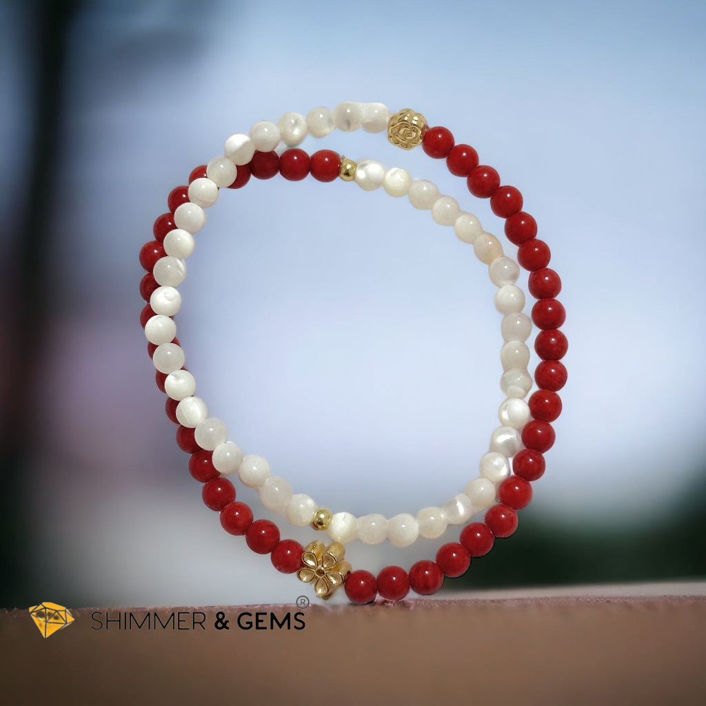 Energy Balance Infinity Bracelet (Red Coral (dyed) & Mother of Pearl 4mm with 14k gold plated copper charms)