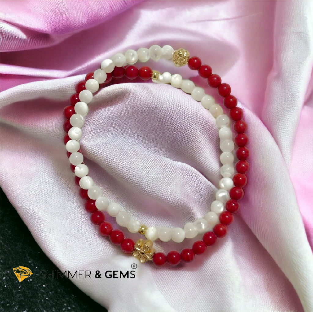 Energy Balance Infinity Bracelet (Red Coral (dyed) & Mother of Pearl 4mm with 14k gold plated copper charms)