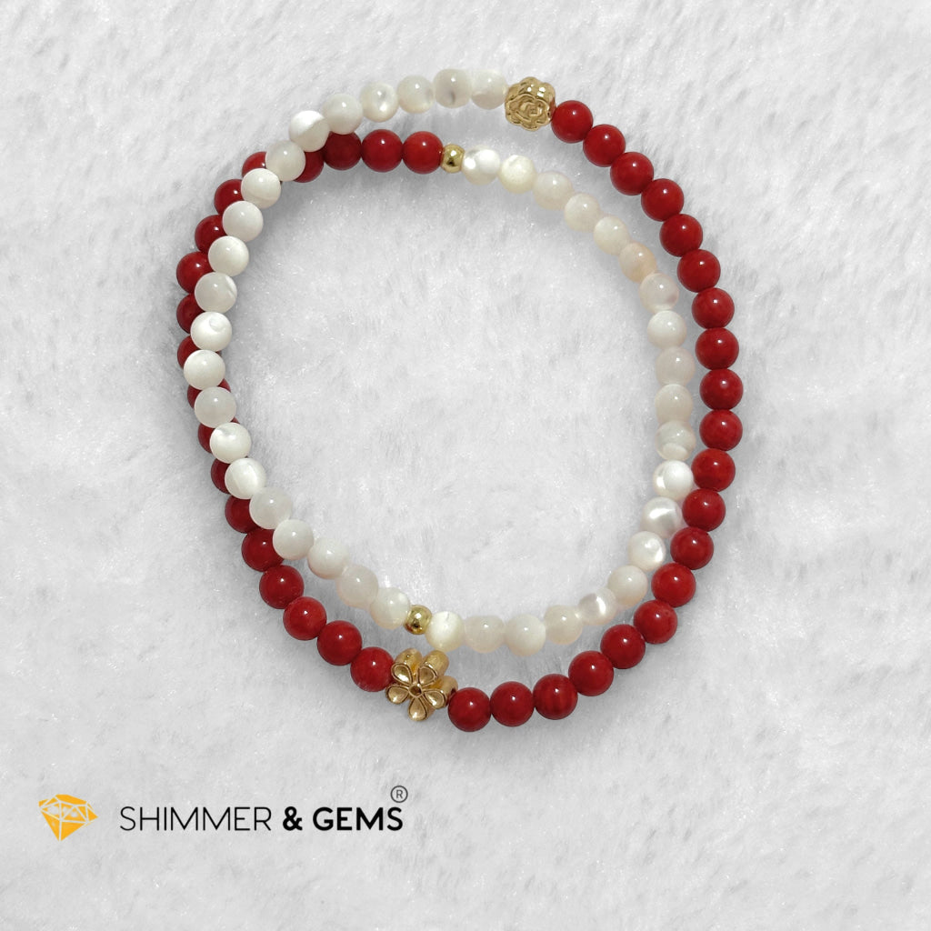 Energy Balance Infinity Bracelet (Red Coral (dyed) & Mother of Pearl 4mm with 14k gold plated copper charms)