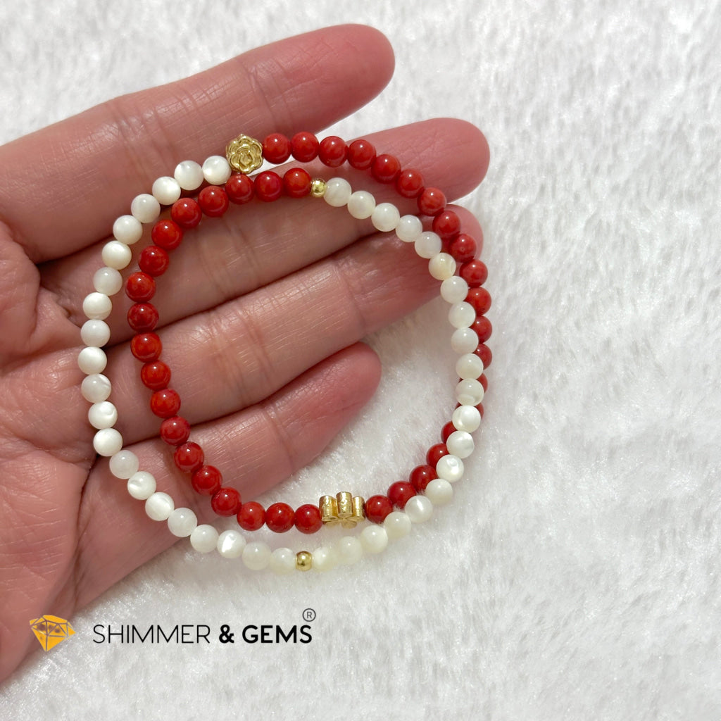 Energy Balance Infinity Bracelet (Red Coral (dyed) & Mother of Pearl 4mm with 14k gold plated copper charms)Feng Shui 2024