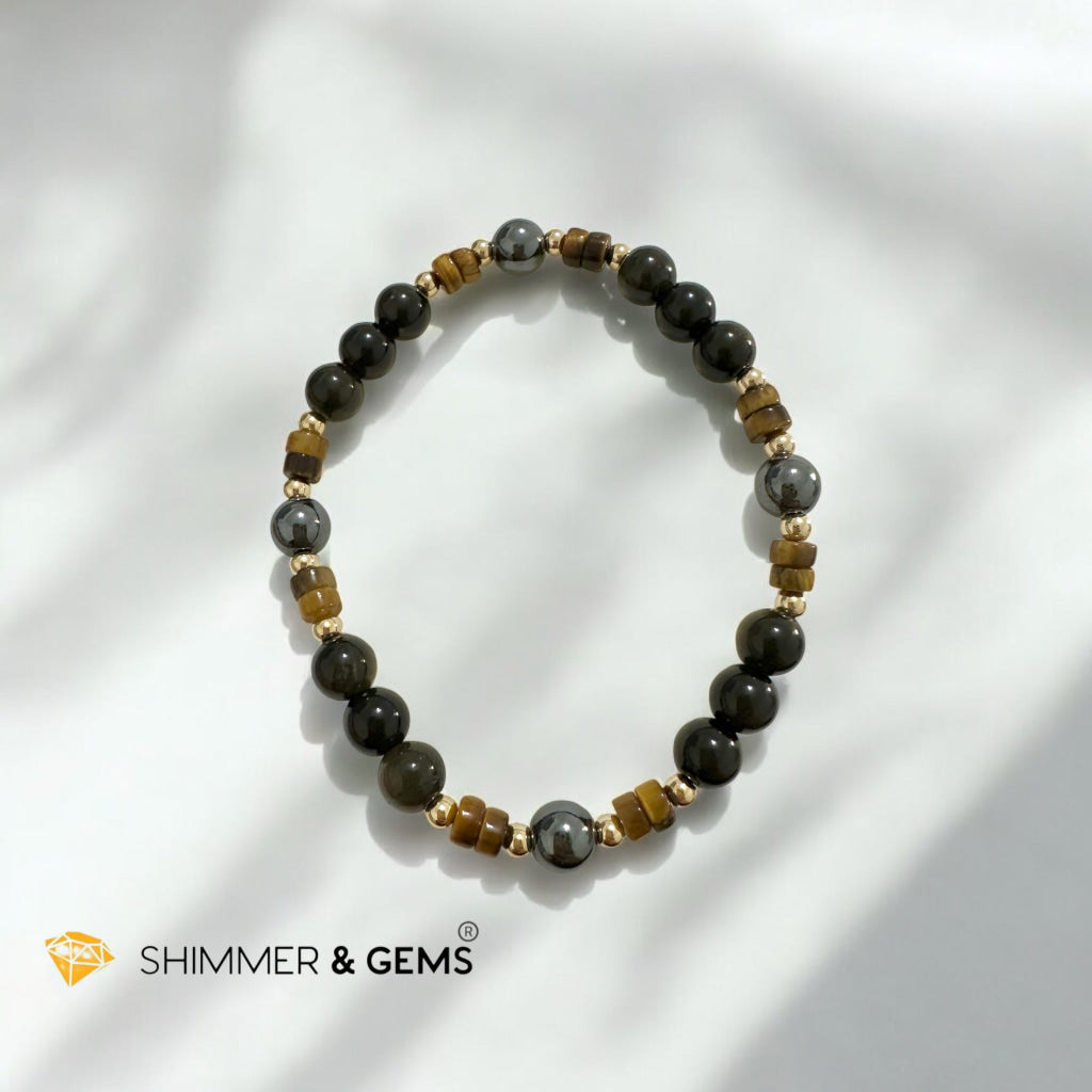 Energy Shield Bracelet (Tiger’s Eye, Golden Sheen Obsidian, Hematite) Fortress Frequency- Deflect, Ground, Protect (Light-coded & activated)