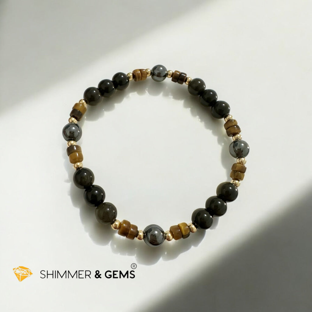 Energy Shield Bracelet (Tiger’s Eye, Golden Sheen Obsidian, Hematite) Fortress Frequency- Deflect, Ground, Protect (Light-coded & activated)