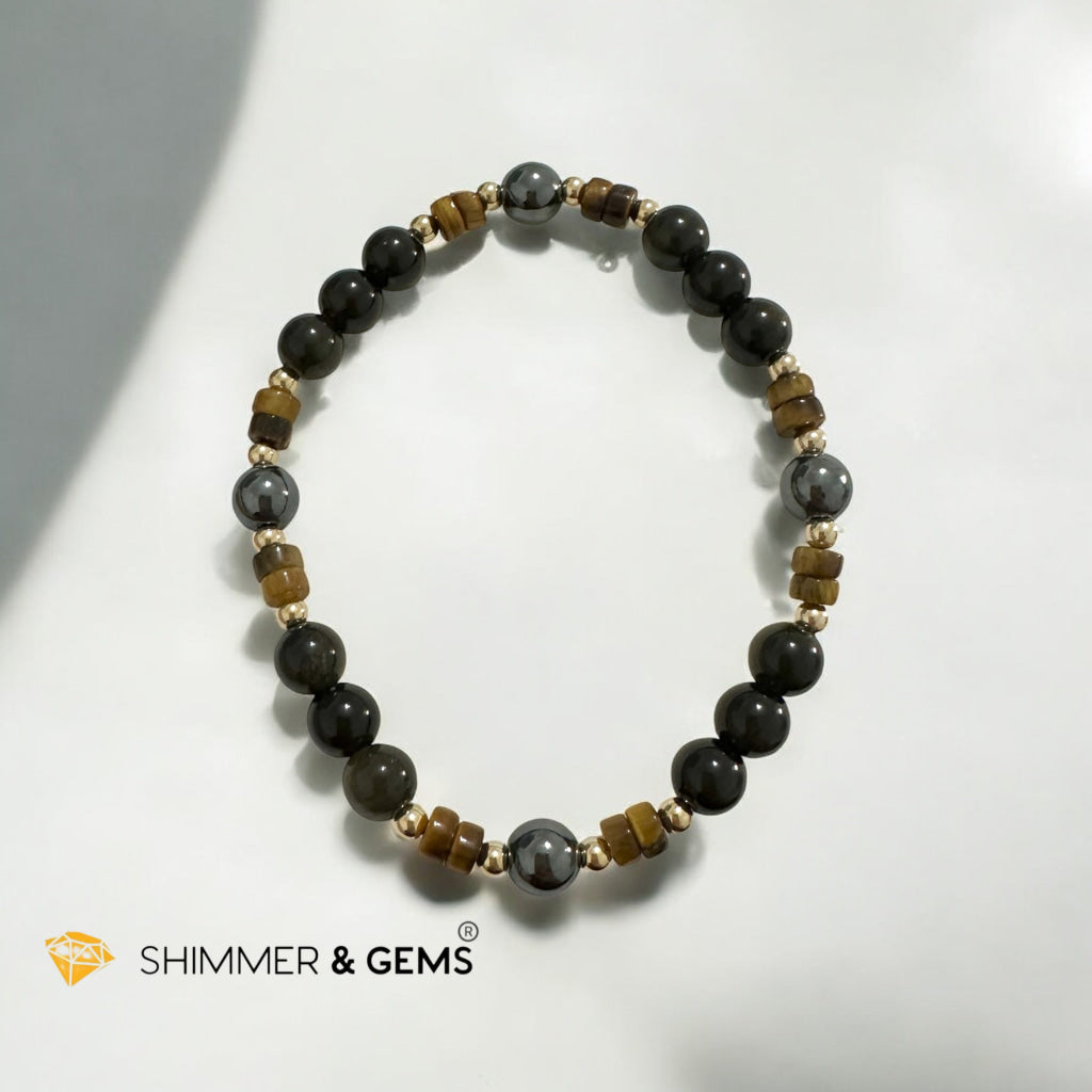 Energy Shield Bracelet (Tiger’s Eye, Golden Sheen Obsidian, Hematite) Fortress Frequency- Deflect, Ground, Protect (Light-coded & activated)