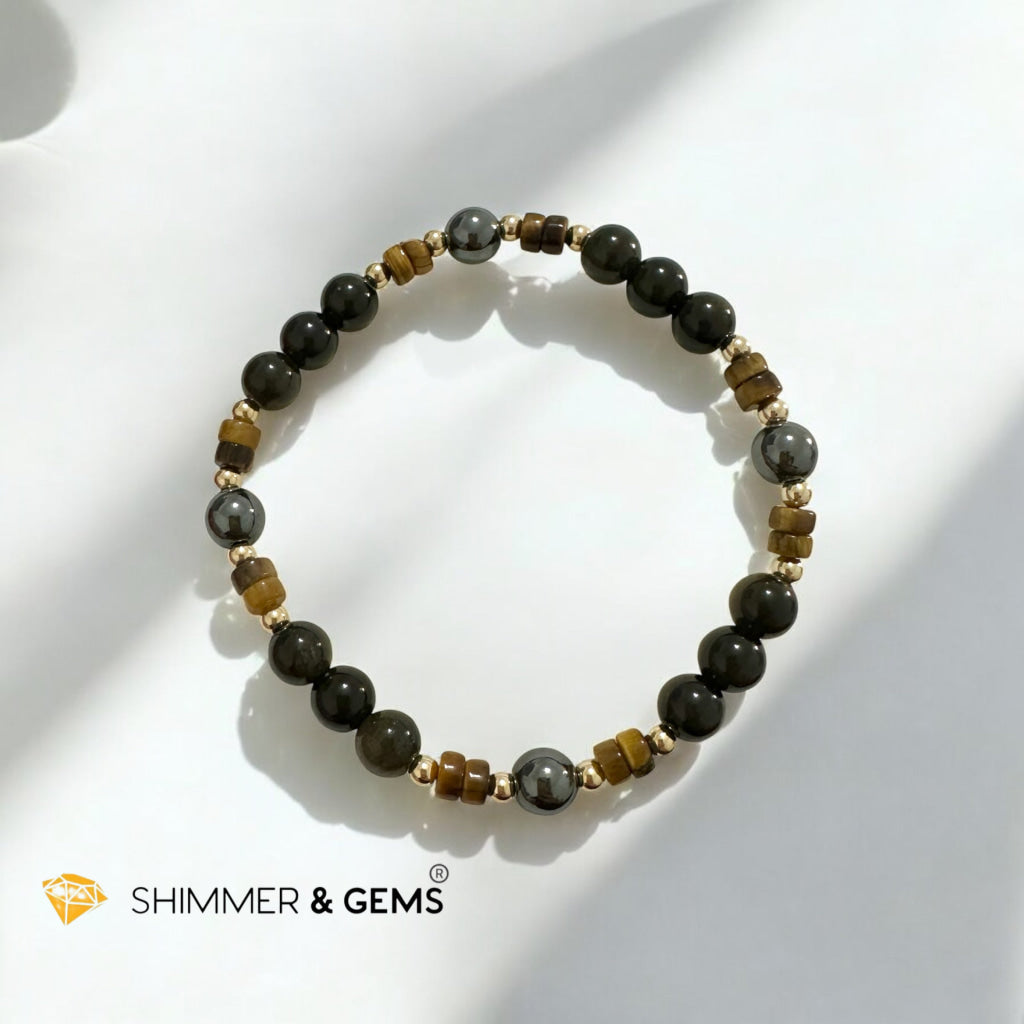Energy Shield Bracelet (Tiger’s Eye, Golden Sheen Obsidian, Hematite) Fortress Frequency- Deflect, Ground, Protect (Light-coded & activated)