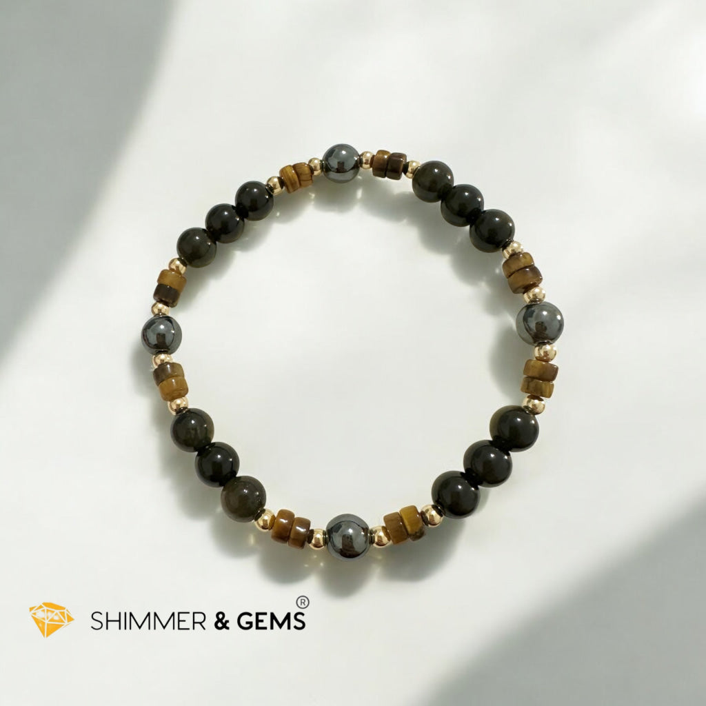 Energy Shield Bracelet (Tiger’s Eye, Golden Sheen Obsidian, Hematite) Fortress Frequency- Deflect, Ground, Protect (Light-coded & activated)