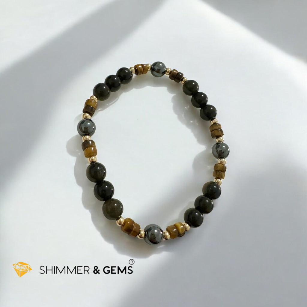 Energy Shield Bracelet (Tiger’s Eye, Golden Sheen Obsidian, Hematite) Fortress Frequency- Deflect, Ground, Protect (Light-coded & activated)