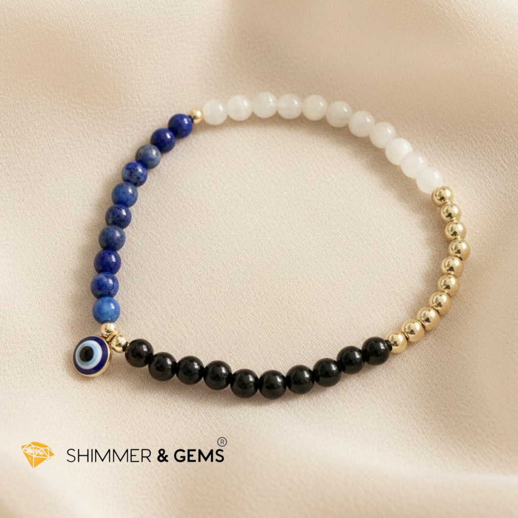 Evil Eye Lapis Lazuli, Onyx, Selenite & 14k Gold filled Bracelet (4mm)