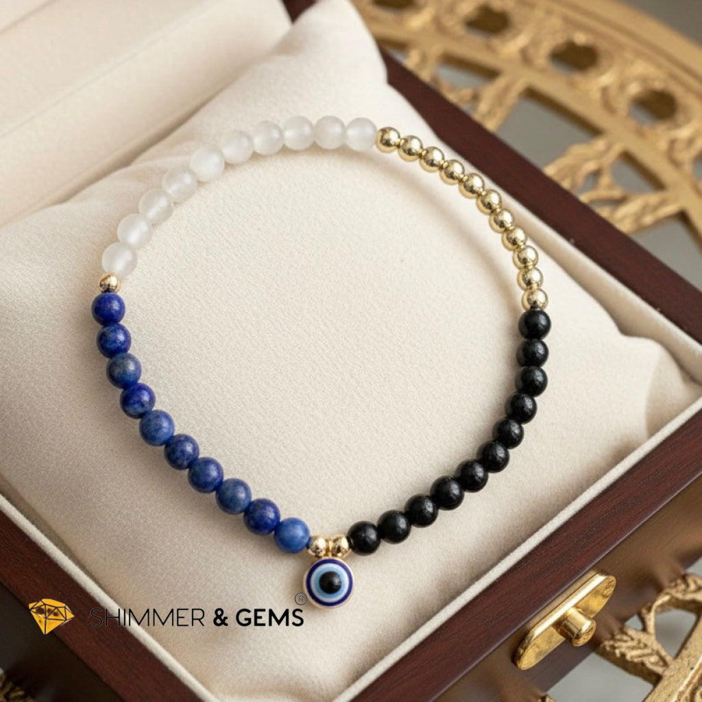 Evil Eye Lapis Lazuli, Onyx, Selenite & 14k Gold filled Bracelet (4mm)