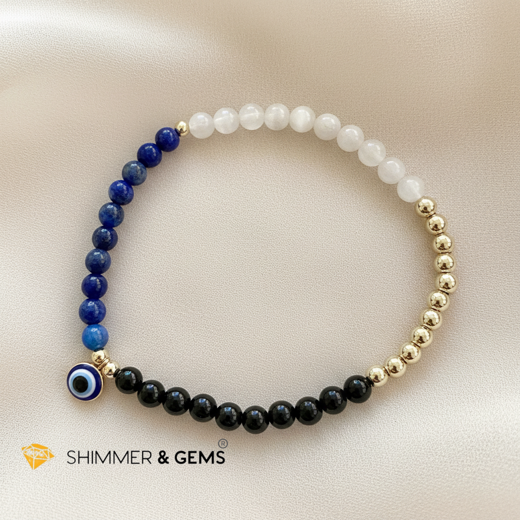 Evil Eye Lapis Lazuli, Onyx, Selenite & 14k Gold filled Bracelet (4mm)