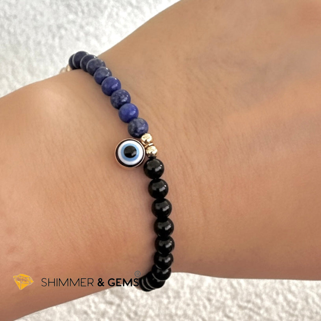 Evil Eye Lapis Lazuli, Onyx, Selenite & 14k Gold filled Bracelet (4mm)