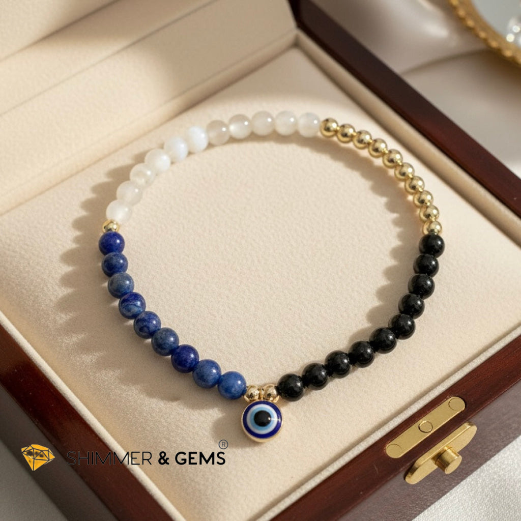 Evil Eye Lapis Lazuli, Onyx, Selenite & 14k Gold filled Bracelet (4mm)