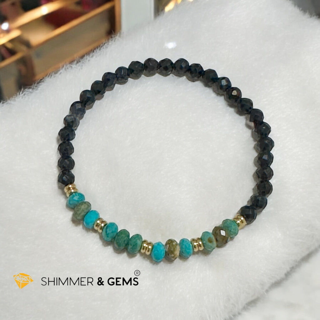 Fame & Fortune Bracelet
(Blue Sapphire 4mm, Turqoise Rondelle with Stainless Steel Beads)