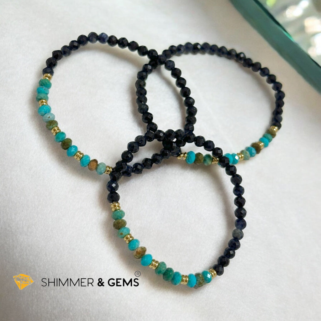 Fame & Fortune Bracelet
(Blue Sapphire 4mm, Turqoise Rondelle with Stainless Steel Beads)