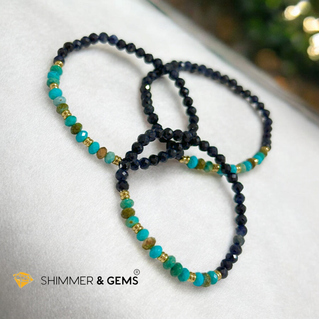 Fame & Fortune Bracelet
(Blue Sapphire 4mm, Turqoise Rondelle with Stainless Steel Beads)