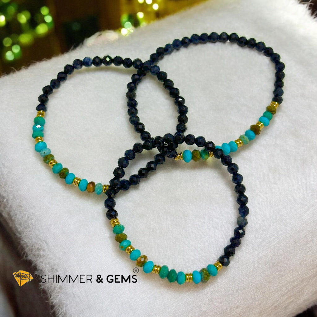 Fame & Fortune Bracelet
(Blue Sapphire 4mm, Turqoise Rondelle with Stainless Steel Beads)