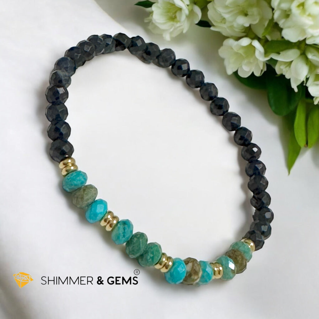 Fame & Fortune Bracelet
(Blue Sapphire 4mm, Turqoise Rondelle with Stainless Steel Beads)
