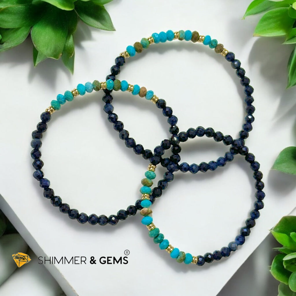 Fame & Fortune Bracelet
(Blue Sapphire 4mm, Turqoise Rondelle with Stainless Steel Beads)