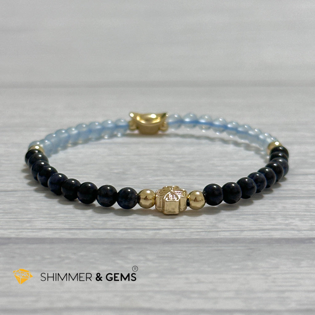 Fame & Fortune Remedy Bracelet (Blue Sapphire, Aquamarine 4mm plus 14k gold plated Copper Ingot & Clover Charms)