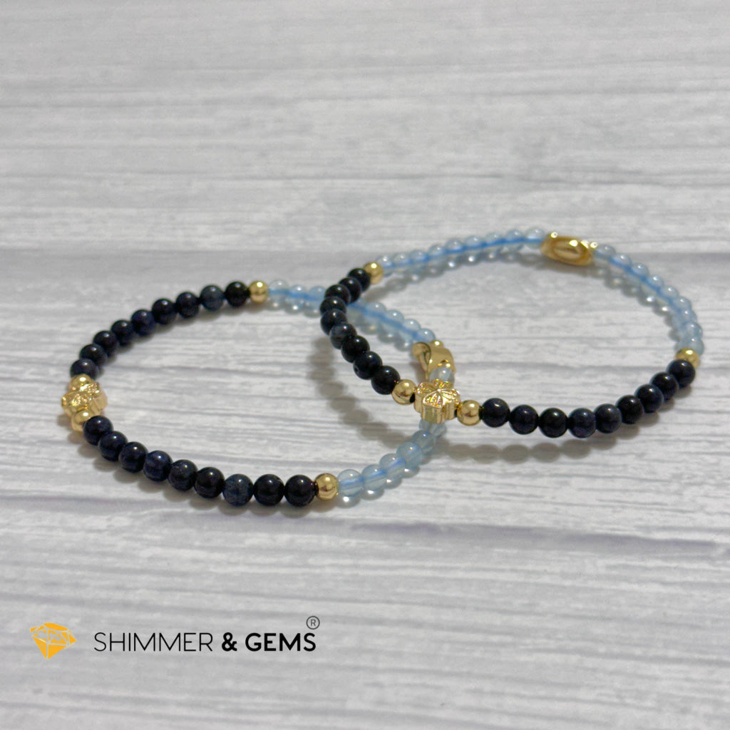 Fame & Fortune Remedy Bracelet (Blue Sapphire, Aquamarine 4mm plus 14k gold plated Copper Ingot & Clover Charms)