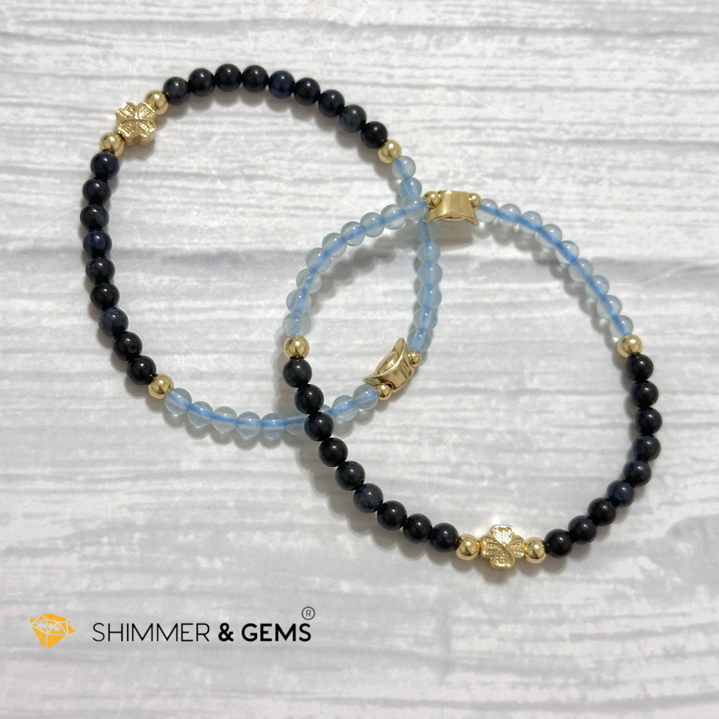 Fame & Fortune Remedy Bracelet (Blue Sapphire, Aquamarine 4mm plus 14k gold plated Copper Ingot & Clover Charms)