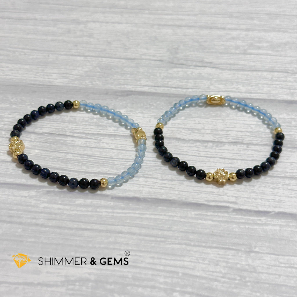 Fame & Fortune Remedy Bracelet (Blue Sapphire, Aquamarine 4mm plus 14k gold plated Copper Ingot & Clover Charms)