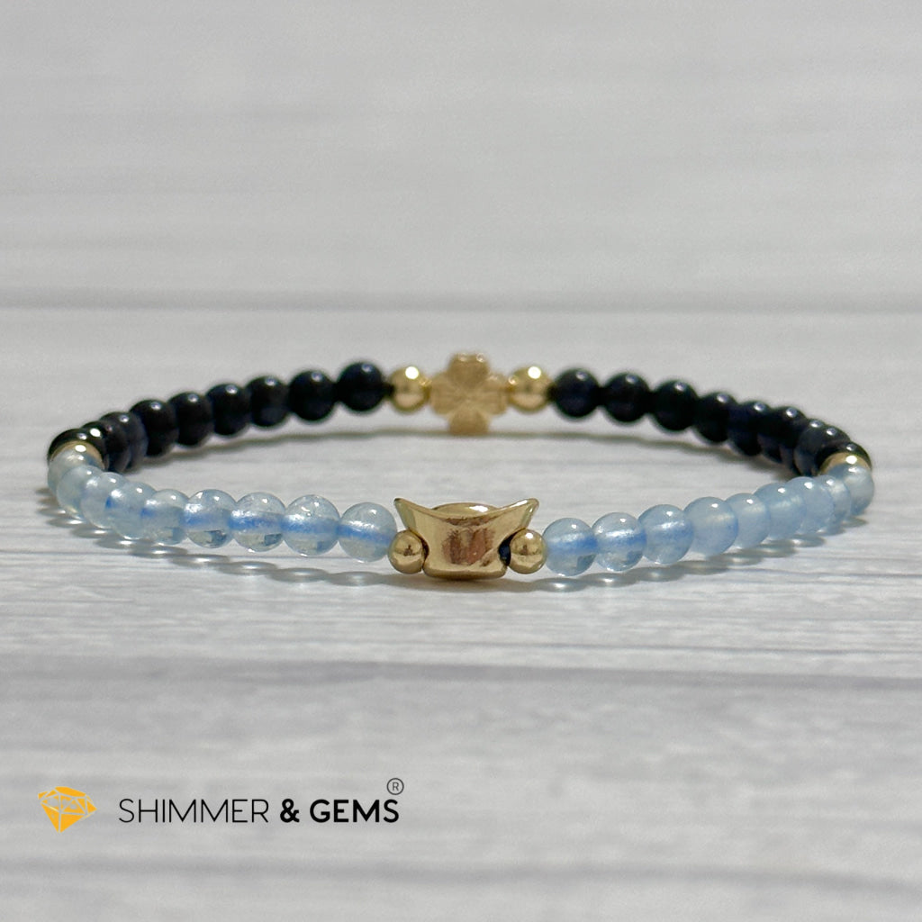 Fame & Fortune Remedy Bracelet (Blue Sapphire, Aquamarine 4mm plus 14k gold plated Copper Ingot & Clover Charms)