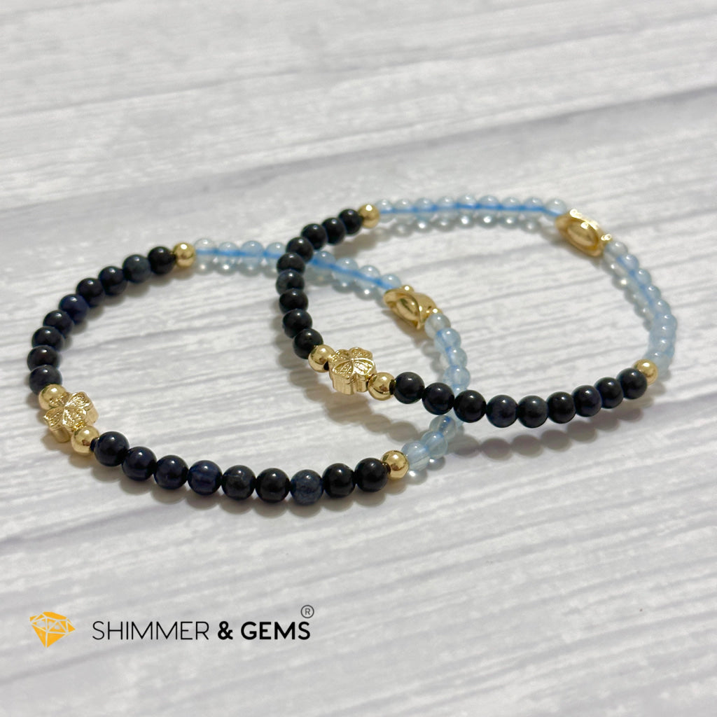 Fame & Fortune Remedy Bracelet (Blue Sapphire, Aquamarine 4mm plus 14k gold plated Copper Ingot & Clover Charms)