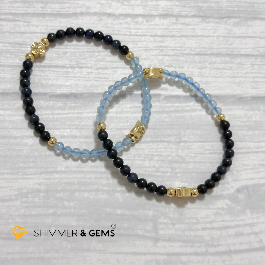 Fame & Fortune Remedy Bracelet (Blue Sapphire, Aquamarine 4mm plus 14k gold plated Copper Ingot & Clover Charms)