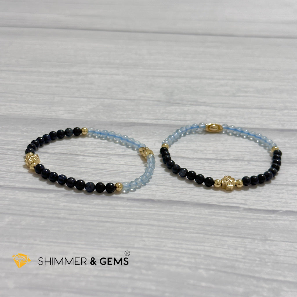 Fame & Fortune Remedy Bracelet (Blue Sapphire, Aquamarine 4mm plus 14k gold plated Copper Ingot & Clover Charms)