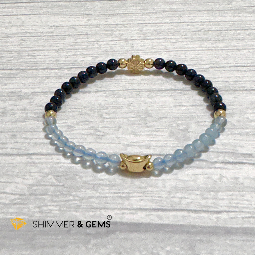 Fame & Fortune Remedy Bracelet (Blue Sapphire, Aquamarine 4mm plus 14k gold plated Copper Ingot & Clover Charms)