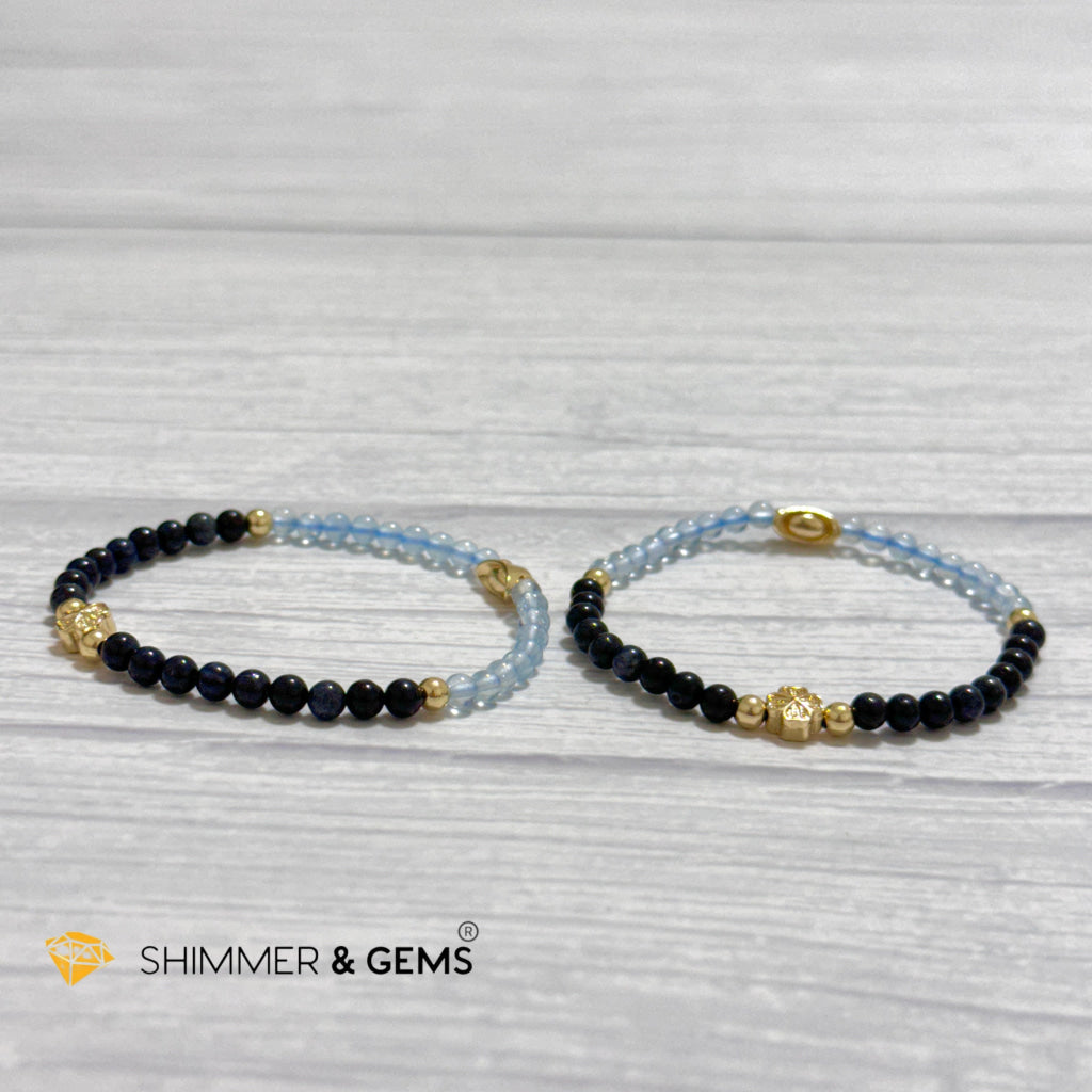 Fame & Fortune Remedy Bracelet (Blue Sapphire, Aquamarine 4mm plus 14k gold plated Copper Ingot & Clover Charms)