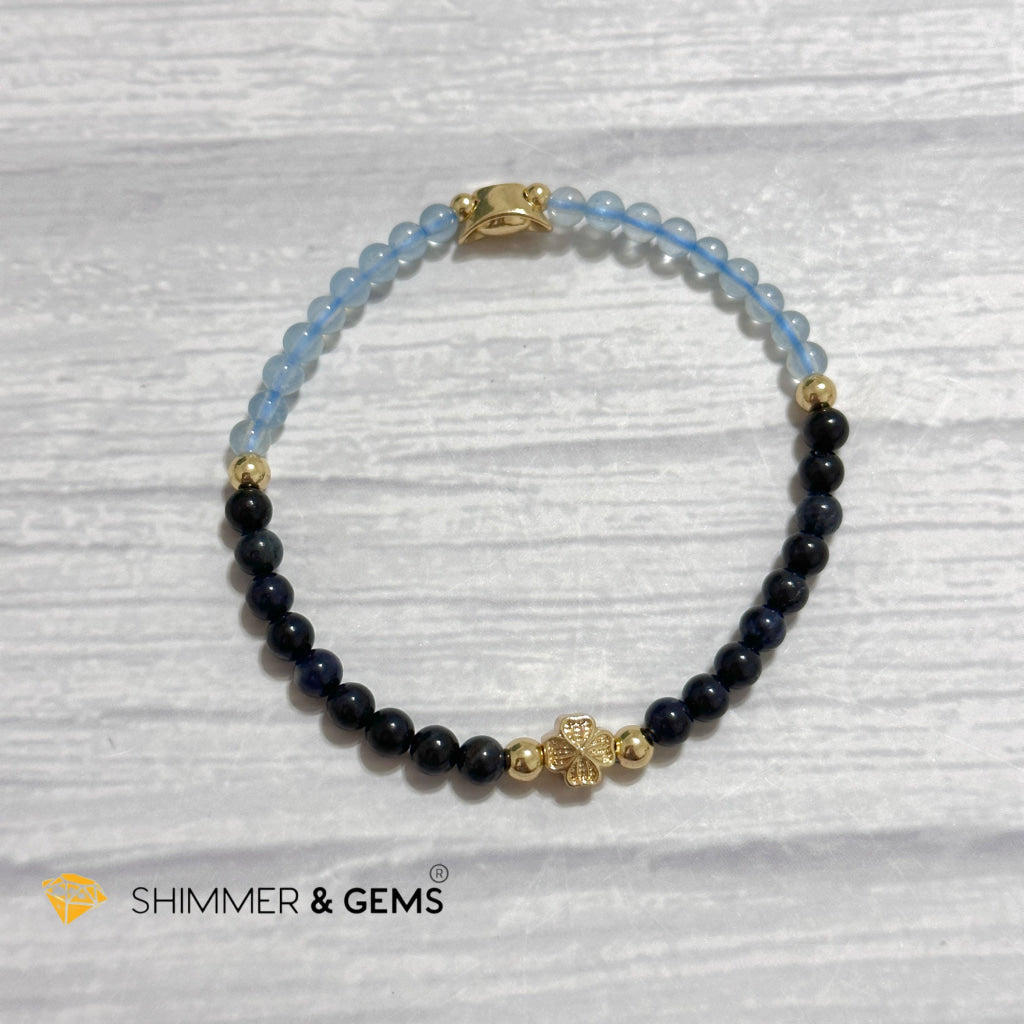 Fame & Fortune Remedy Bracelet (Blue Sapphire, Aquamarine 4mm plus 14k gold plated Copper Ingot & Clover Charms)