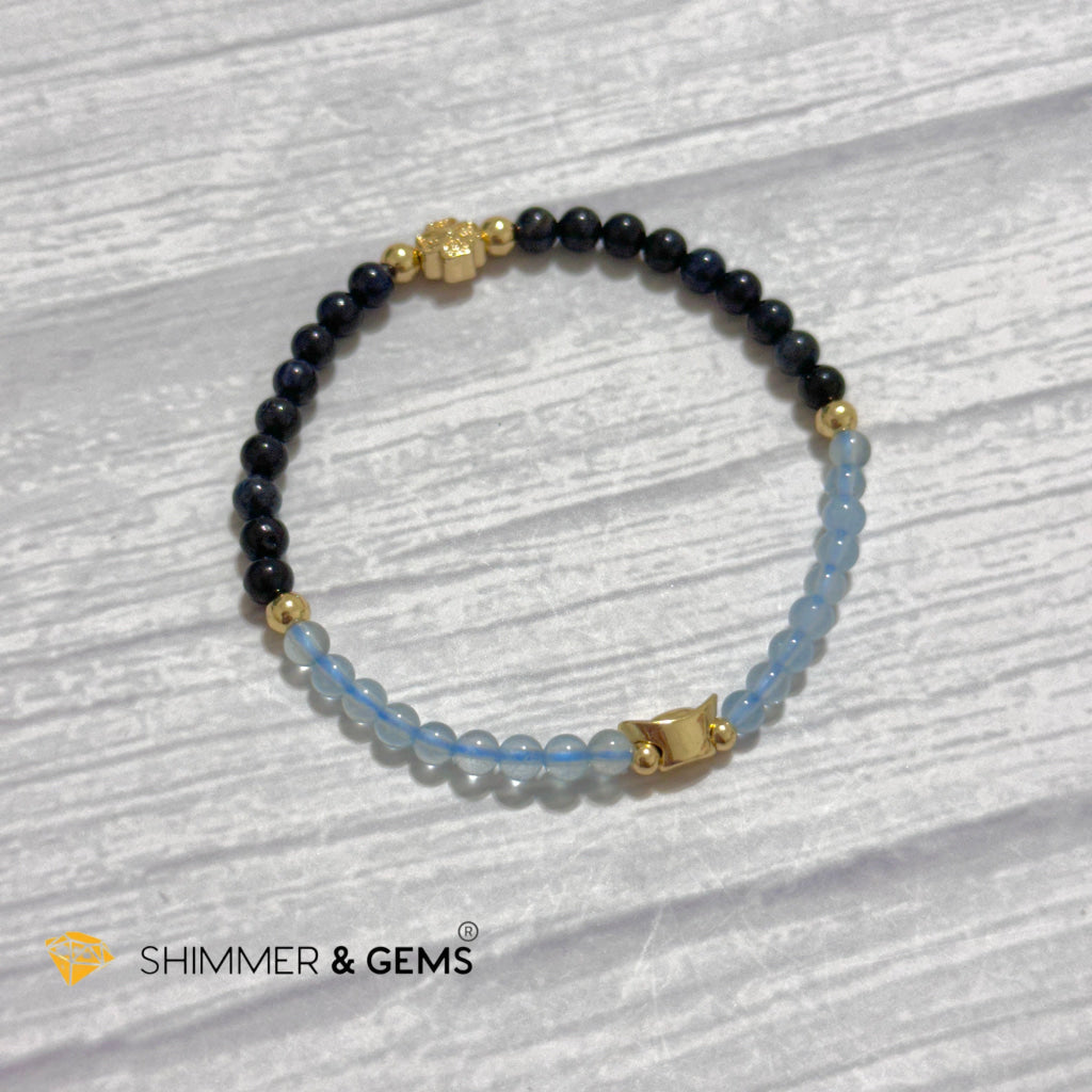 Fame & Fortune Remedy Bracelet (Blue Sapphire, Aquamarine 4mm plus 14k gold plated Copper Ingot & Clover Charms)