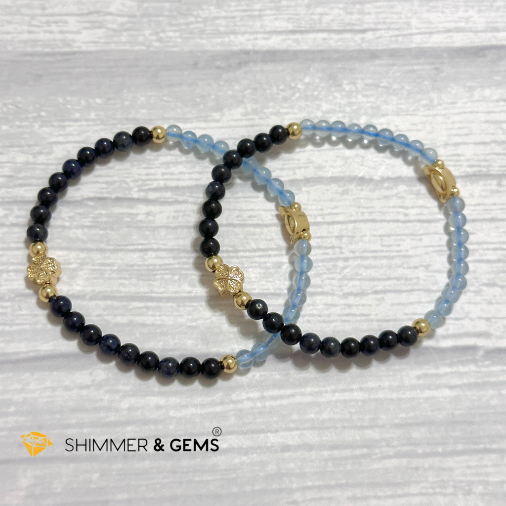 Fame & Fortune Remedy Bracelet (Blue Sapphire, Aquamarine 4mm plus 14k gold plated Copper Ingot & Clover Charms)