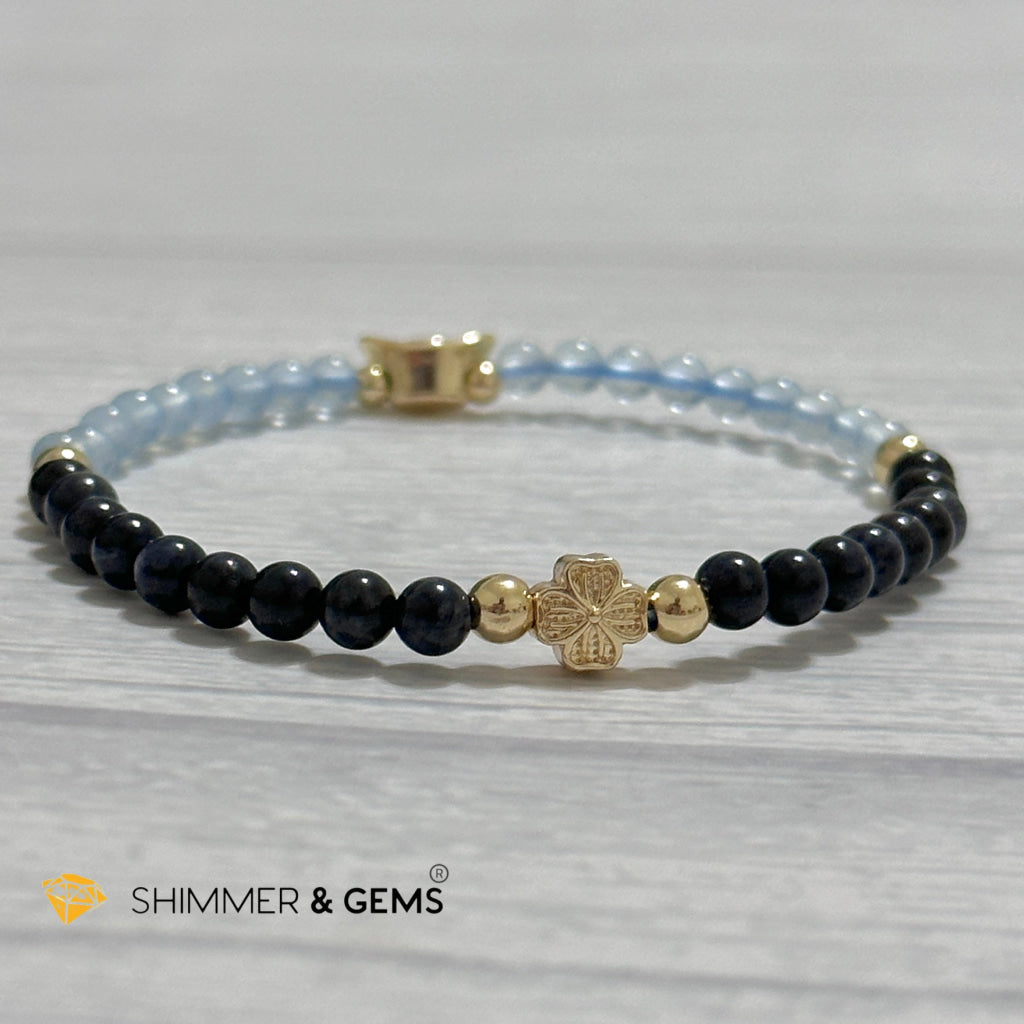 Fame & Fortune Remedy Bracelet (Blue Sapphire, Aquamarine 4mm plus 14k gold plated Copper Ingot & Clover Charms)