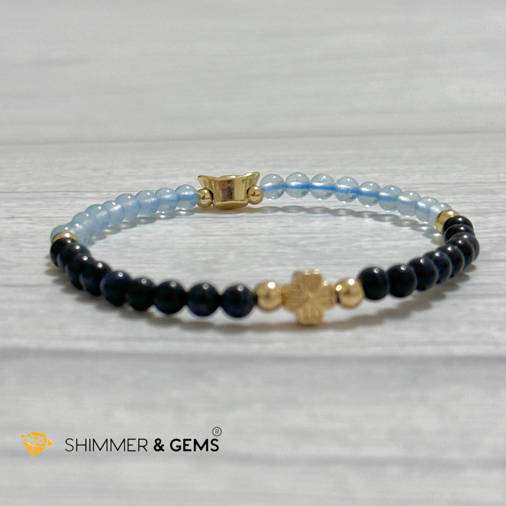 Fame & Fortune Remedy Bracelet (Blue Sapphire, Aquamarine 4mm plus 14k gold plated Copper Ingot & Clover Charms)